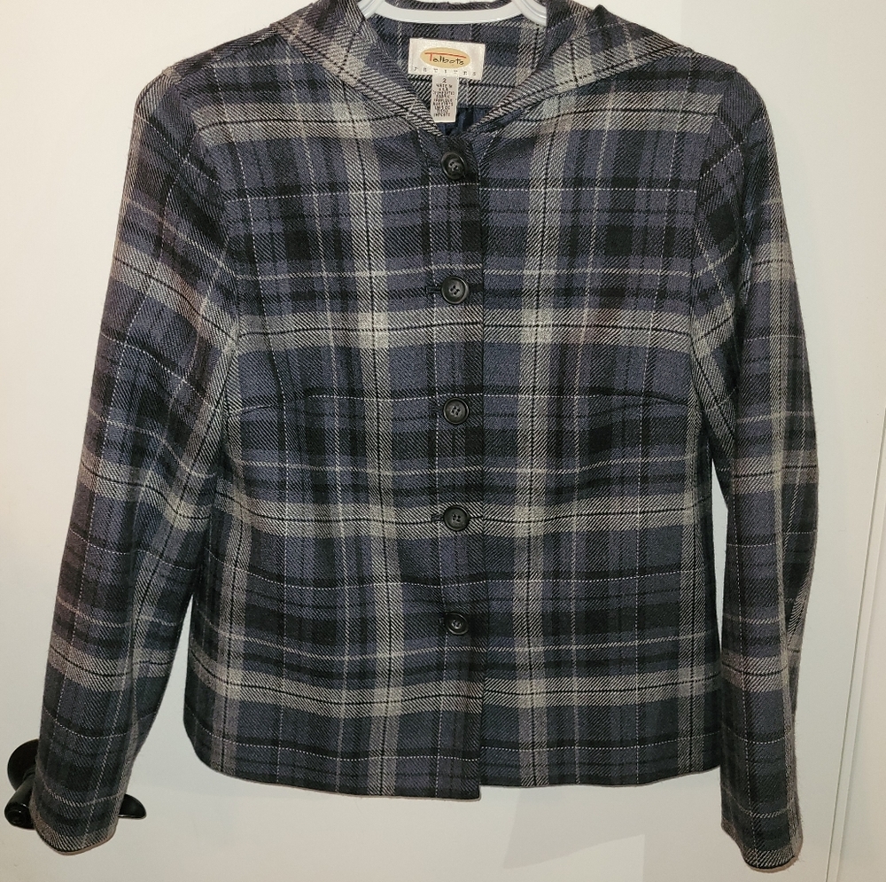 Talbots Cropped Hooded Plaid Jacket in Blue and Gray 2P